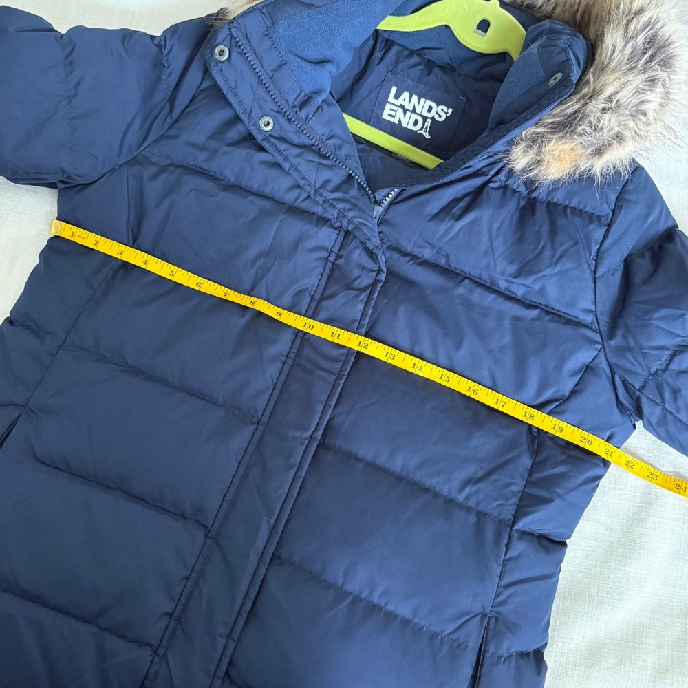Lands End Womens Navy Blue Down Quilted Parka Jacket Faux Fur Hood Size M 10-12 - Picture 6 of 6